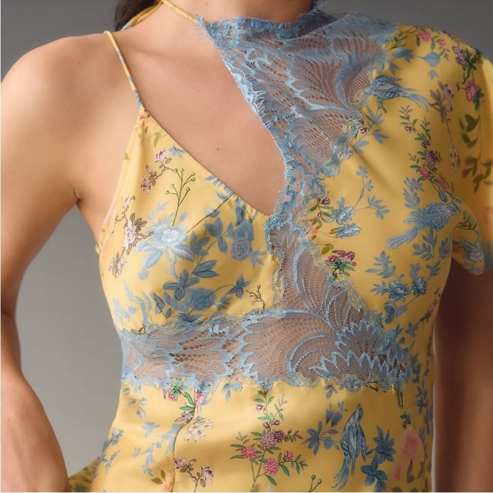 ANTHROPOLOGIE Geisha Designs Asymmetrical Lace Slip Maxi Dress Yellow Floral NWT - Picture 6 of 9